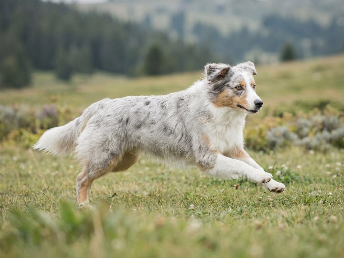Vega à pleine vitesse dans le pré, robe bleu merle clair au vent